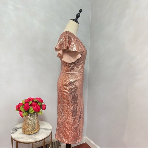 # Mac Duggal Rose Gold Sequins One Shoulder Ruffle Mini Dress / Gown New W/ Tag - Picture 14 of 17